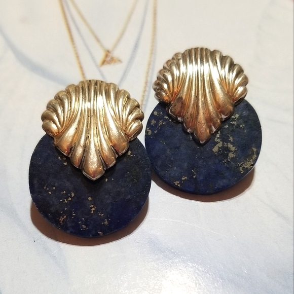 Art Deco Lapis Lazuli Sterling Silver Shell Motif Earrings - Picture 2 of 5